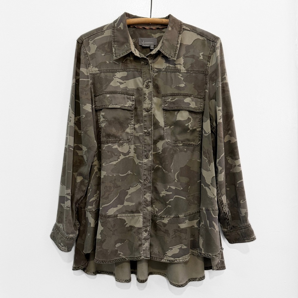 Anthropologie Montana Camo Flounced Hem Button Down Shirt Lyocell 12 Grunge Chic